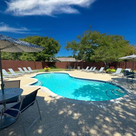 Quail Crossing sunny outdoor pool with lounge chairs, umbrellas, and trees, surrounded by a privacy fence.